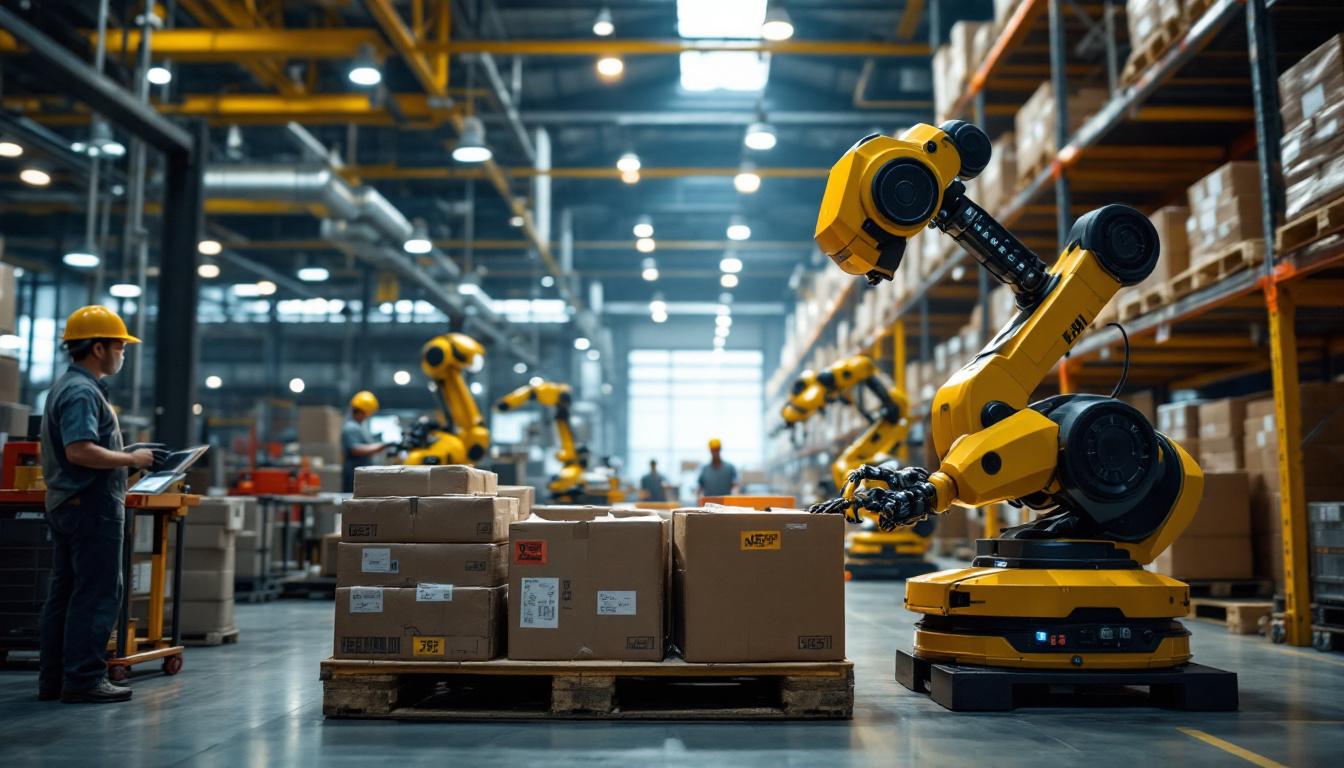 A photograph of a busy warehouse environment showcasing industrial robots in action