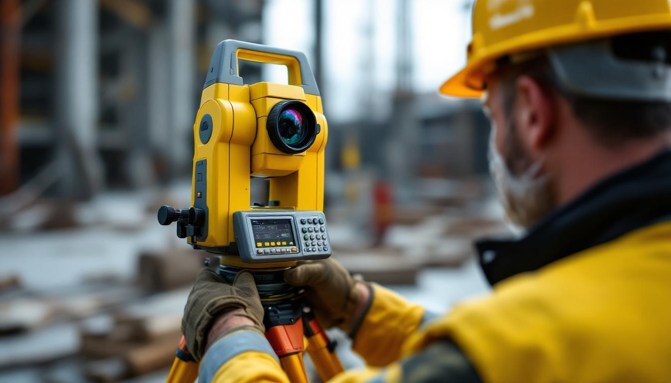 A photograph of a trimble total station in action on a construction site