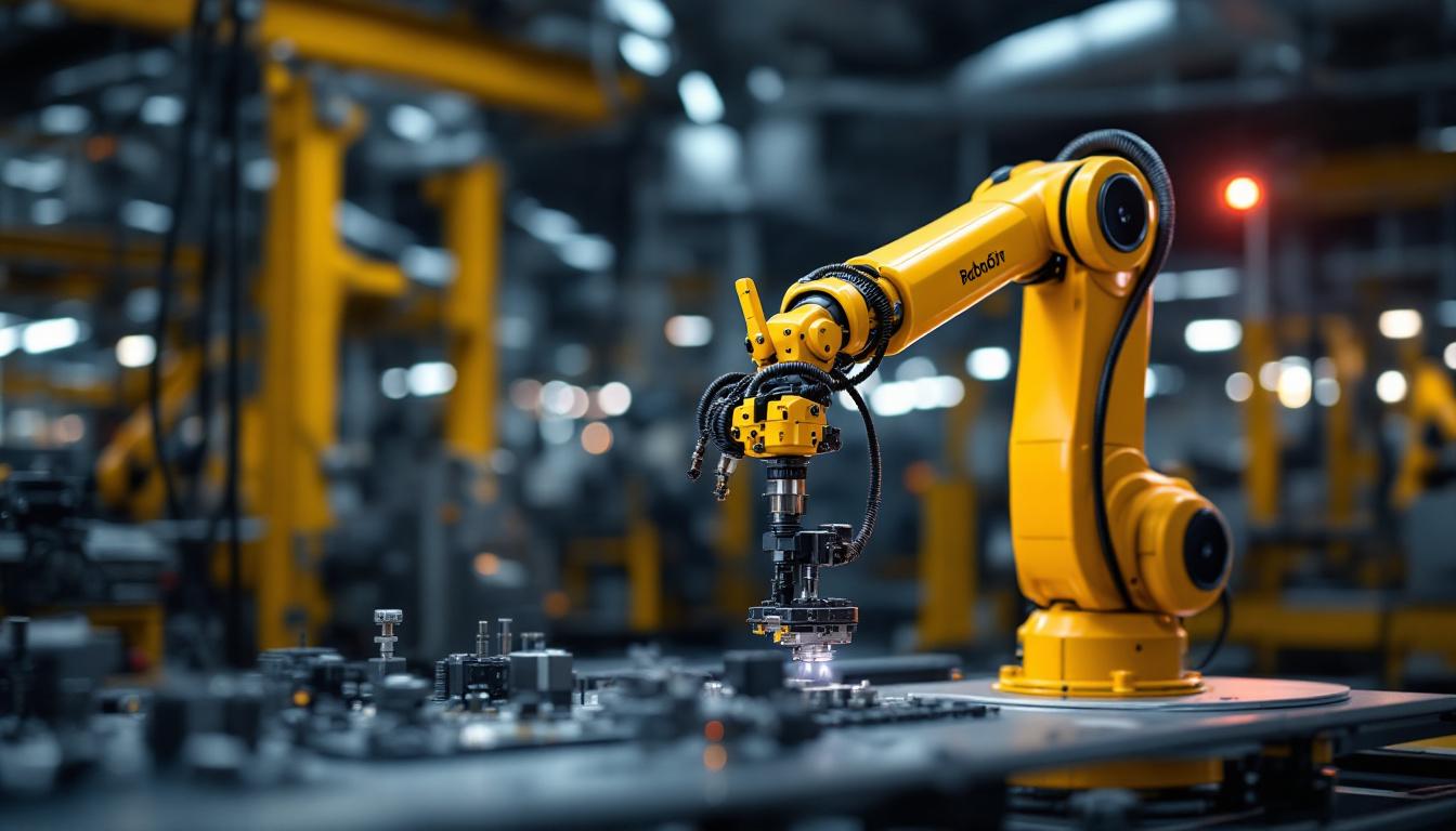 A photograph of capture a photograph of a sleek industrial robotic arm in action