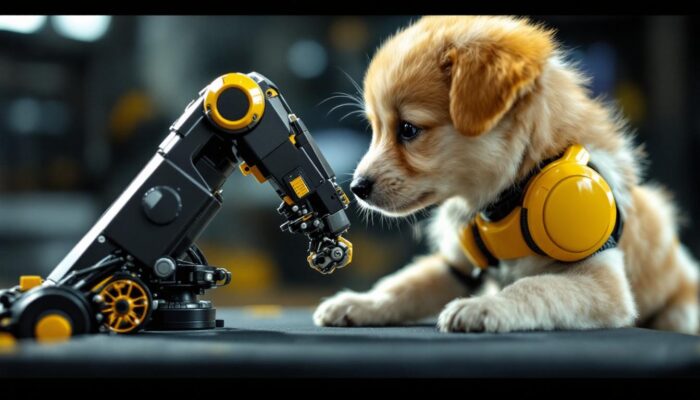 A photograph of a playful puppy interacting with a small