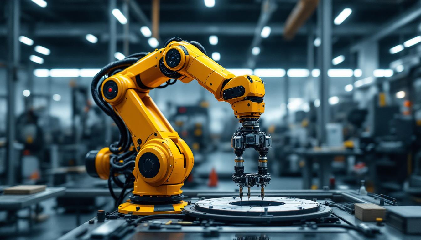 A photograph of a sleek industrial robotic arm in action within a modern manufacturing setting