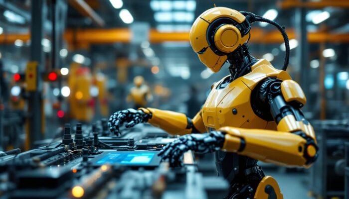 A photograph of a modern industrial robot in action within a manufacturing setting