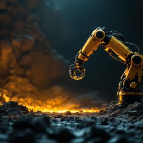 A photograph of a sleek industrial robotic arm in action within a dimly lit mine setting