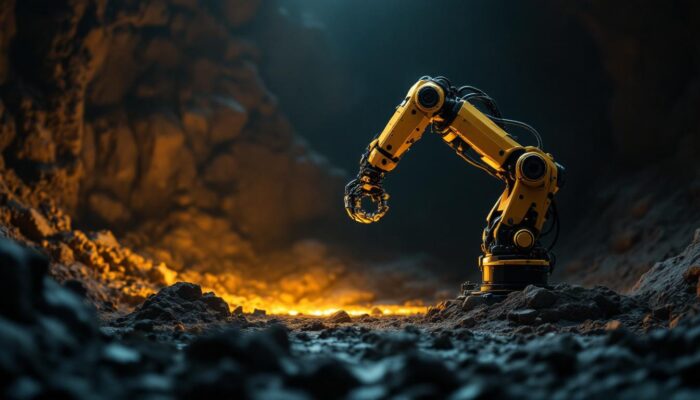 A photograph of a sleek industrial robotic arm in action within a dimly lit mine setting