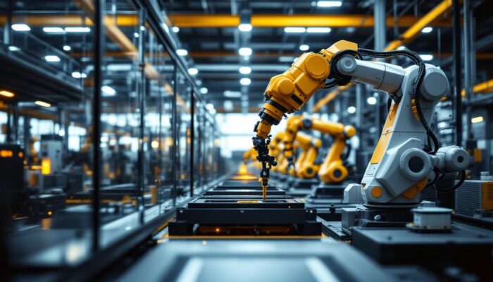 A photograph of a modern industrial factory interior showcasing advanced robotic machinery in action