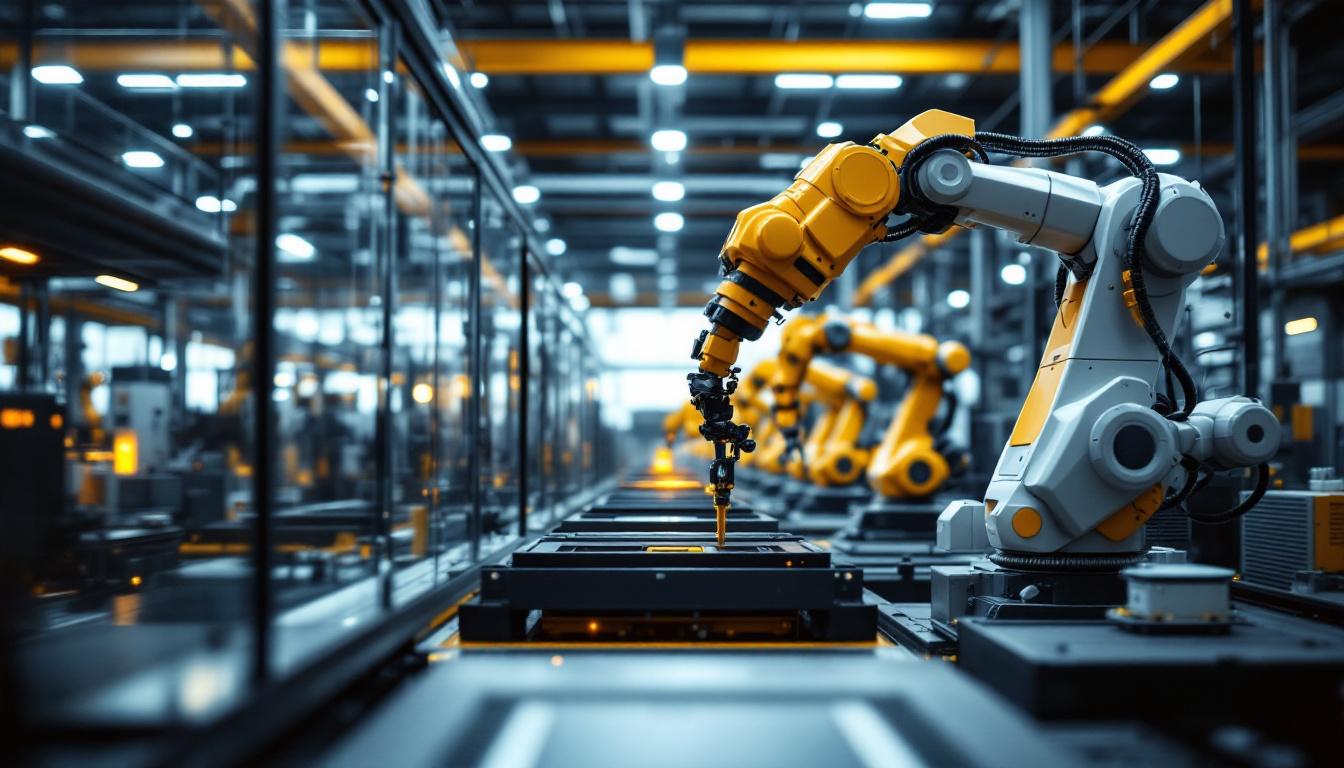 A photograph of a modern industrial factory interior showcasing advanced robotic machinery in action