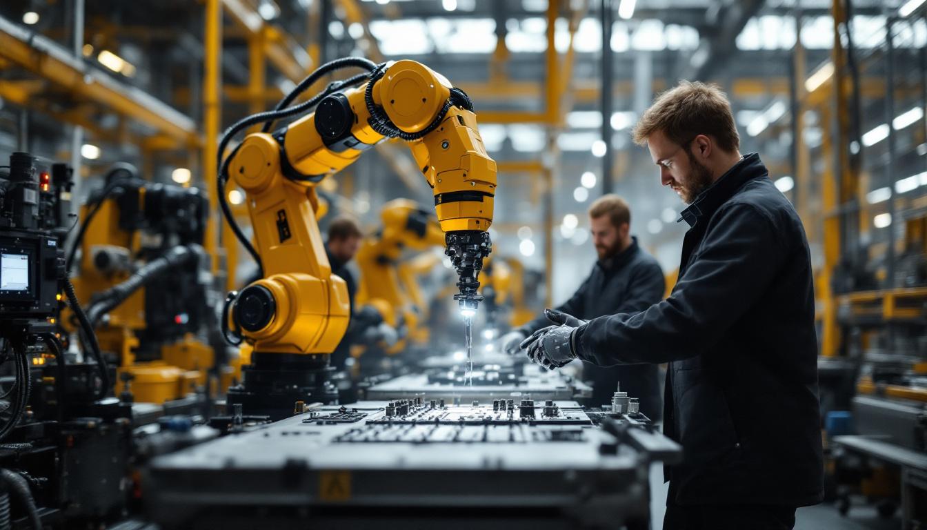 A photograph of a dynamic industrial setting showcasing a robotic arm in action