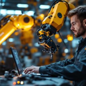 A photograph of a dynamic industrial setting showcasing a skilled technician programming or interacting with a robotic arm