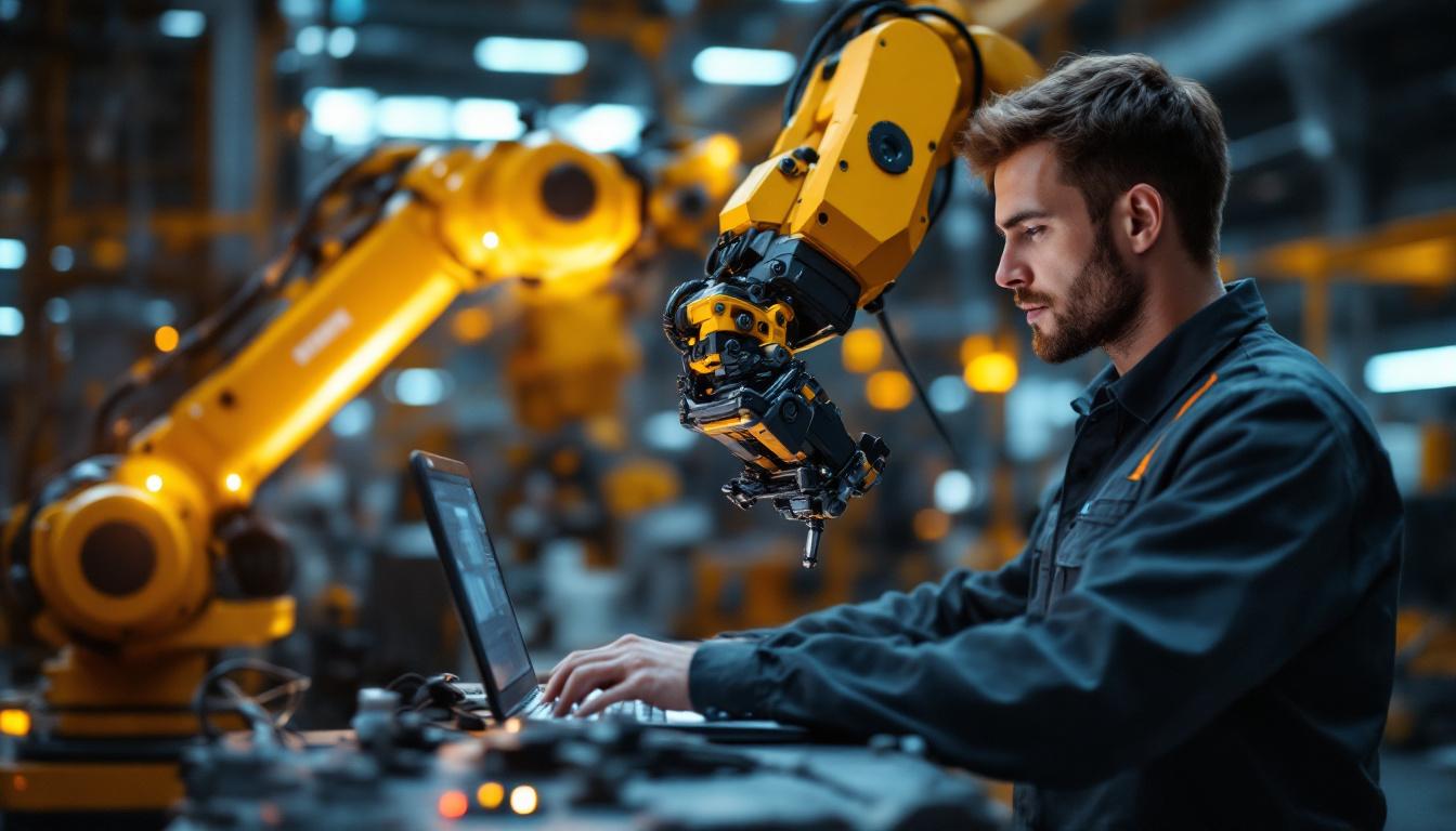A photograph of a dynamic industrial setting showcasing a skilled technician programming or interacting with a robotic arm