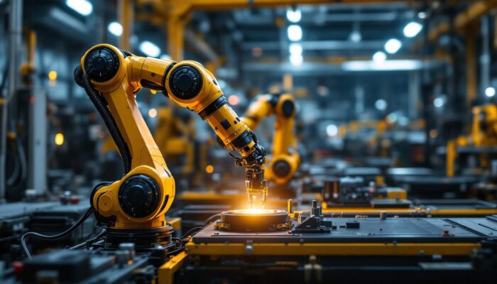 A photograph of a sleek industrial robotic arm in action