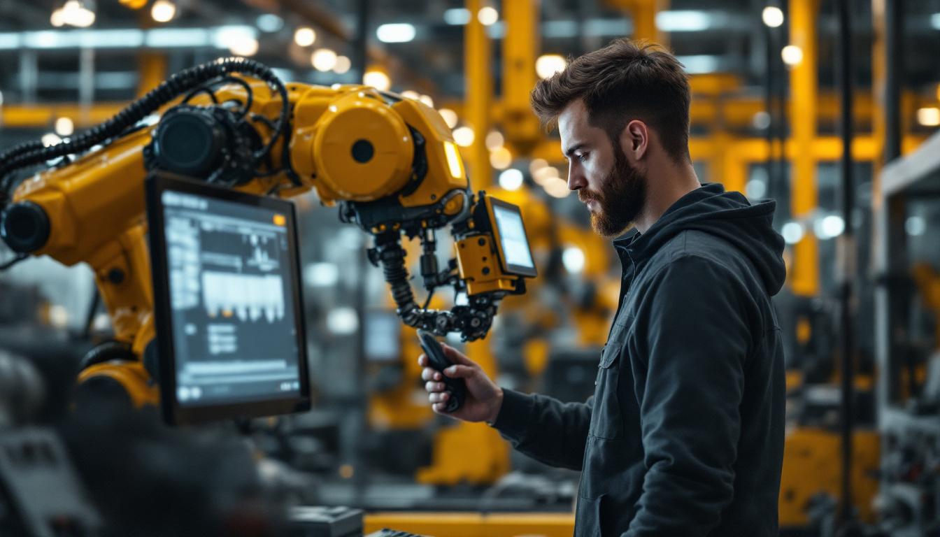 A photograph of a skilled computer engineer programming or interacting with an industrial robot in a modern manufacturing setting