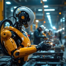 A photograph of a modern industrial robot in action within a bustling manufacturing environment