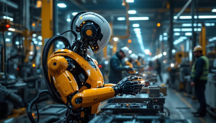 A photograph of a modern industrial robot in action within a bustling manufacturing environment