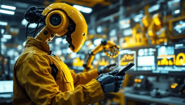 A photograph of a skilled technician inspecting an industrial robot in a high-tech manufacturing environment