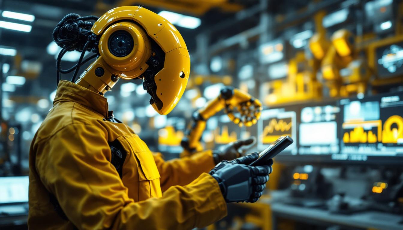 A photograph of a skilled technician inspecting an industrial robot in a high-tech manufacturing environment