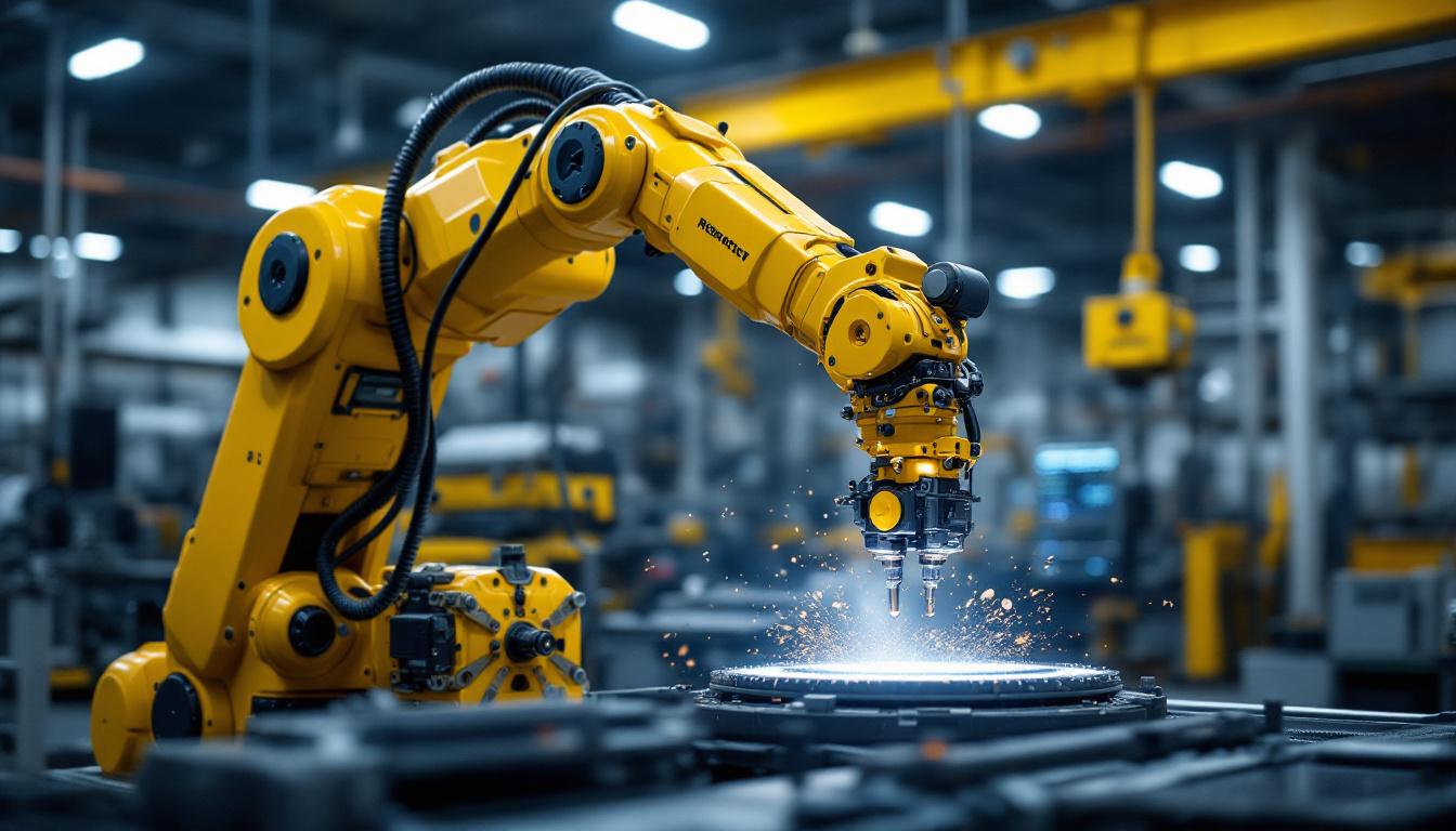 A photograph of a dynamic industrial robotic arm in action within a manufacturing setting