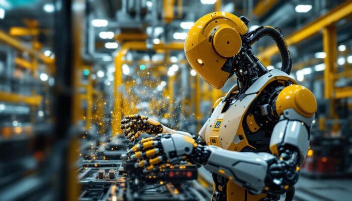 A photograph of a modern industrial robot in action within a manufacturing environment