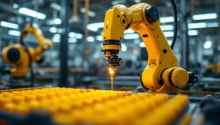 A photograph of a sleek industrial robotic arm in action within a modern manufacturing environment