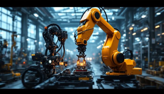A photograph of a dynamic industrial robot in action within a high-tech manufacturing facility