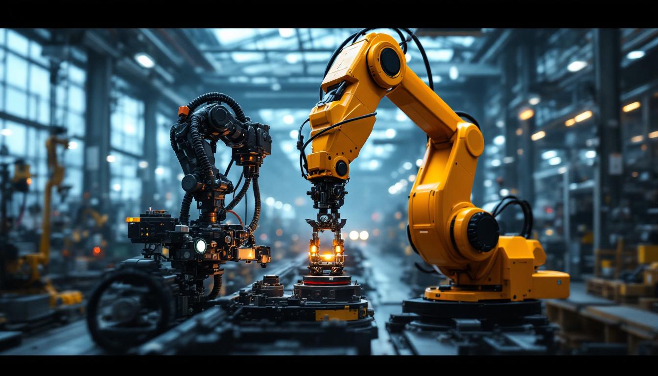 A photograph of a dynamic industrial robot in action within a high-tech manufacturing facility