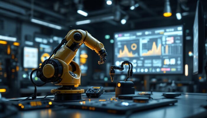 A photograph of a sleek industrial robotic arm in action