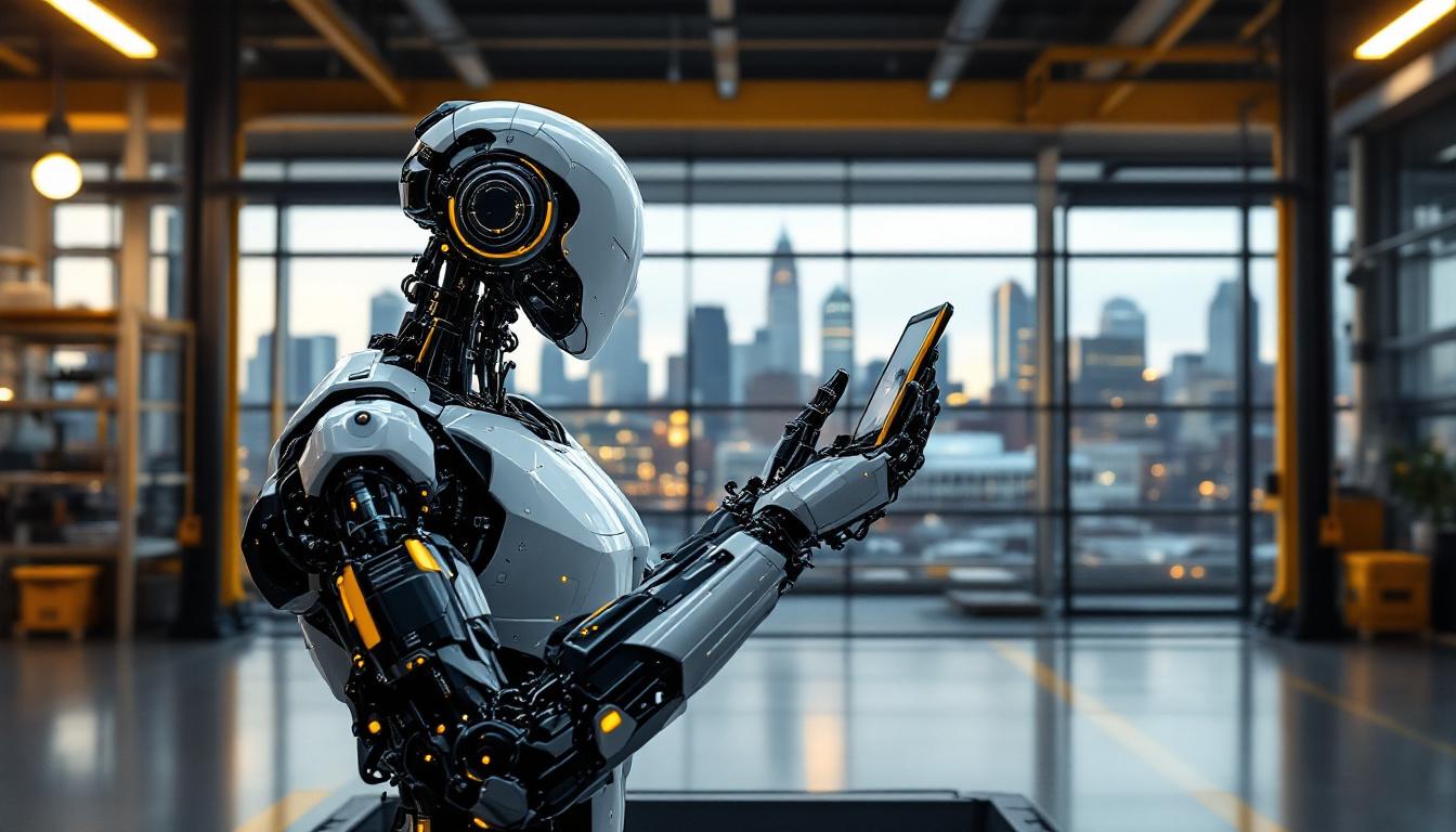 A photograph of capture a photograph of a sleek industrial robot in action within a modern manufacturing facility