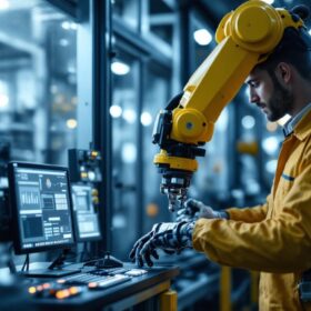 A photograph of a skilled technician programming or operating an industrial robotic arm in a modern manufacturing setting