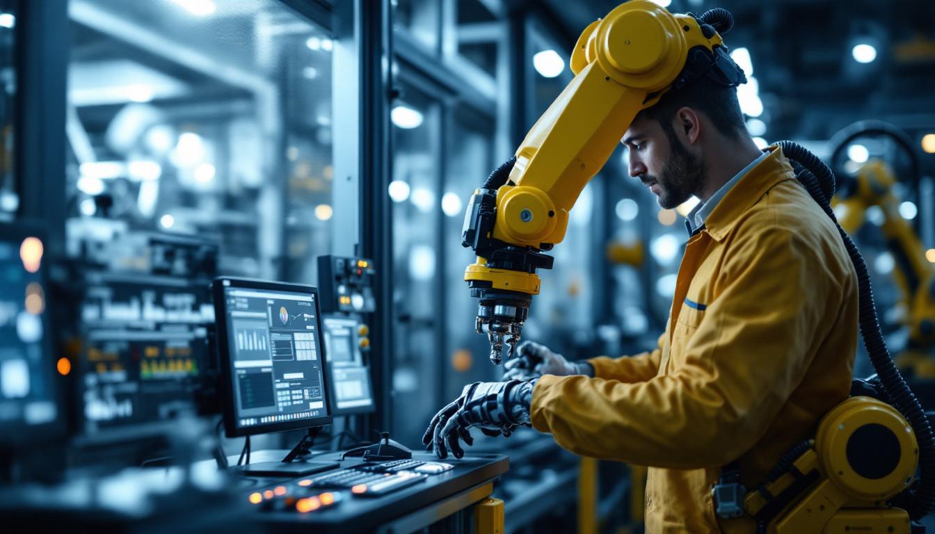 A photograph of a skilled technician programming or operating an industrial robotic arm in a modern manufacturing setting