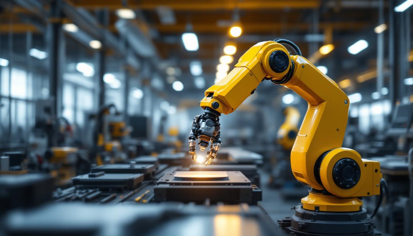 A photograph of a sleek industrial robotic arm in action within a modern manufacturing facility