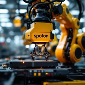 A photograph of a sleek industrial robotic arm in action