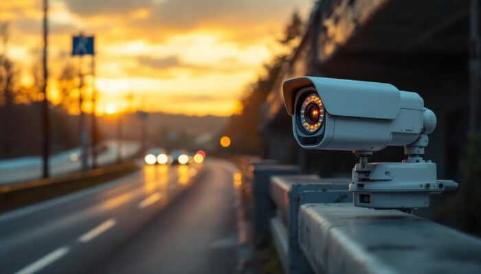 A photograph of a massachusetts roadway featuring a speed camera in action