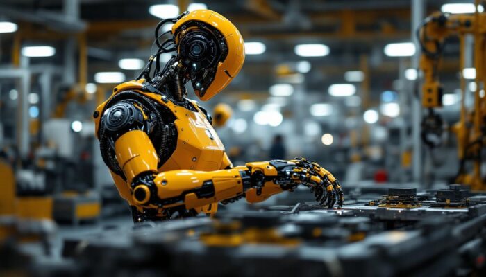 A photograph of a sleek industrial robot in action on a factory floor