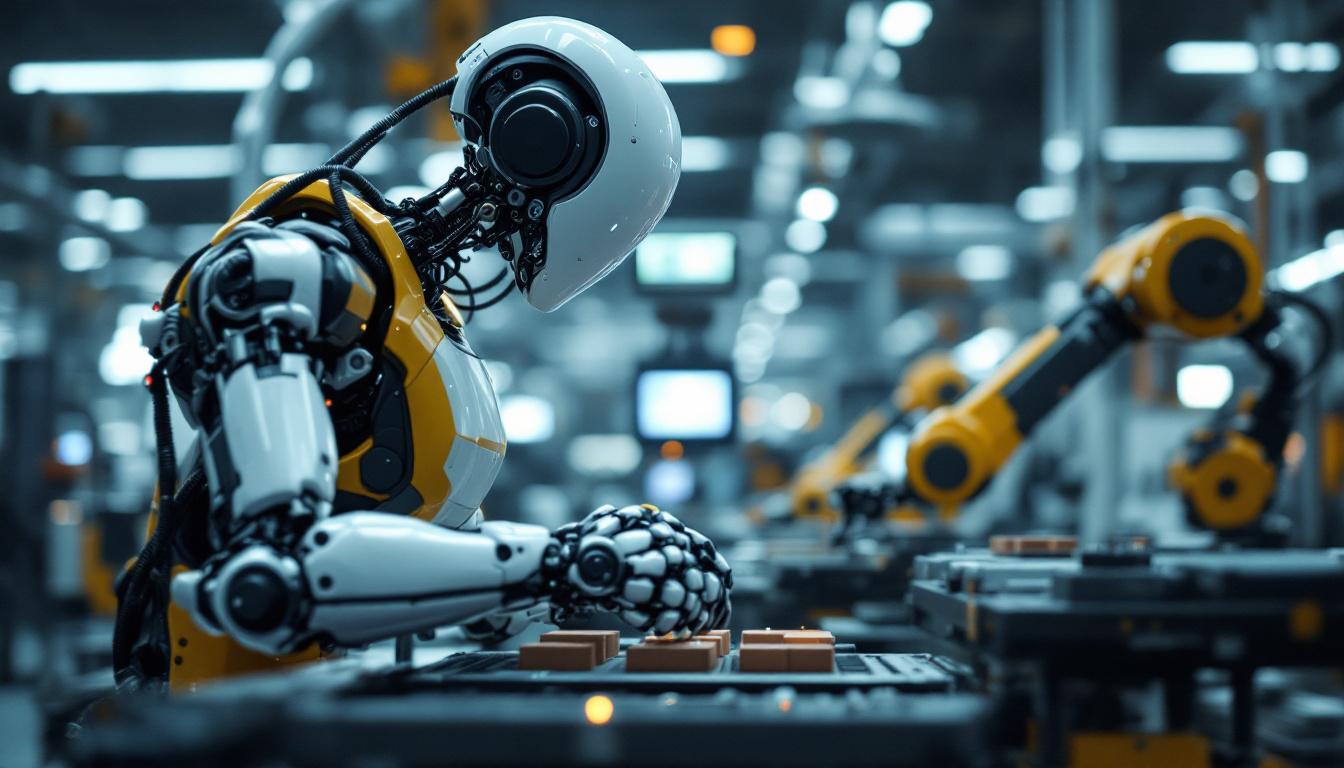 A photograph of a sleek industrial robot in action within a modern manufacturing environment