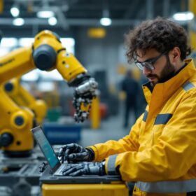A photograph of a robotics engineer in a modern industrial setting