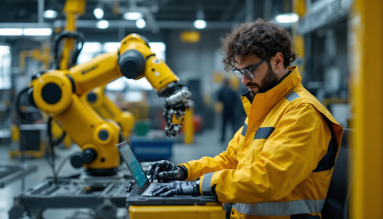 A photograph of a robotics engineer in a modern industrial setting