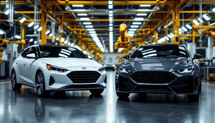 A photograph of a sleek hyundai and kia vehicle side by side in a modern automotive assembly plant