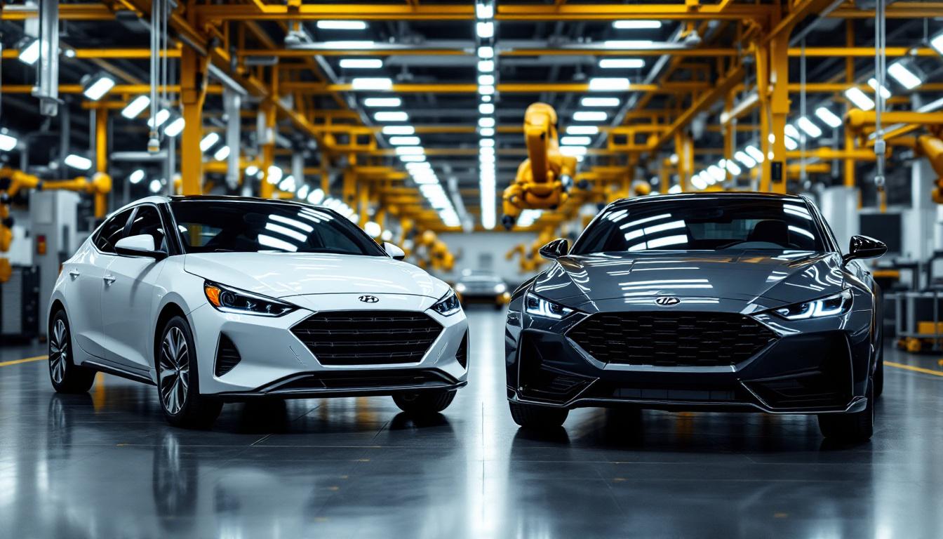 A photograph of a sleek hyundai and kia vehicle side by side in a modern automotive assembly plant