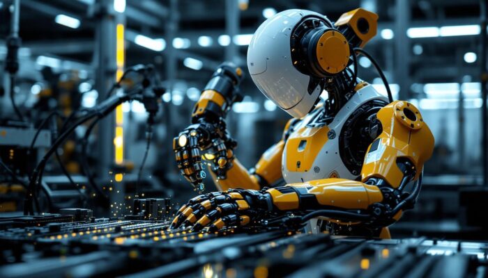 A photograph of a sleek industrial robot in action