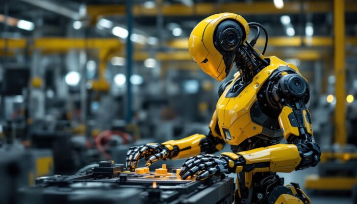 A photograph of a sleek industrial robot in action within a modern manufacturing facility
