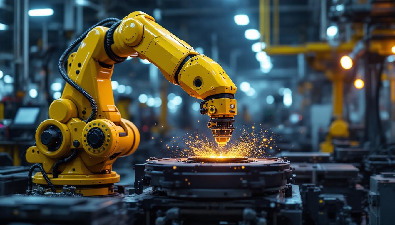 A photograph of a dynamic industrial robotic arm in action