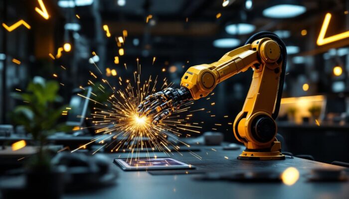 A photograph of a sleek industrial robotic arm in action