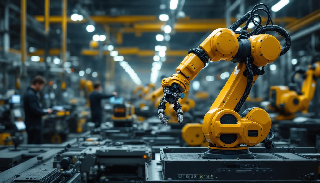A photograph of a sleek industrial robotic arm in action within a modern manufacturing facility