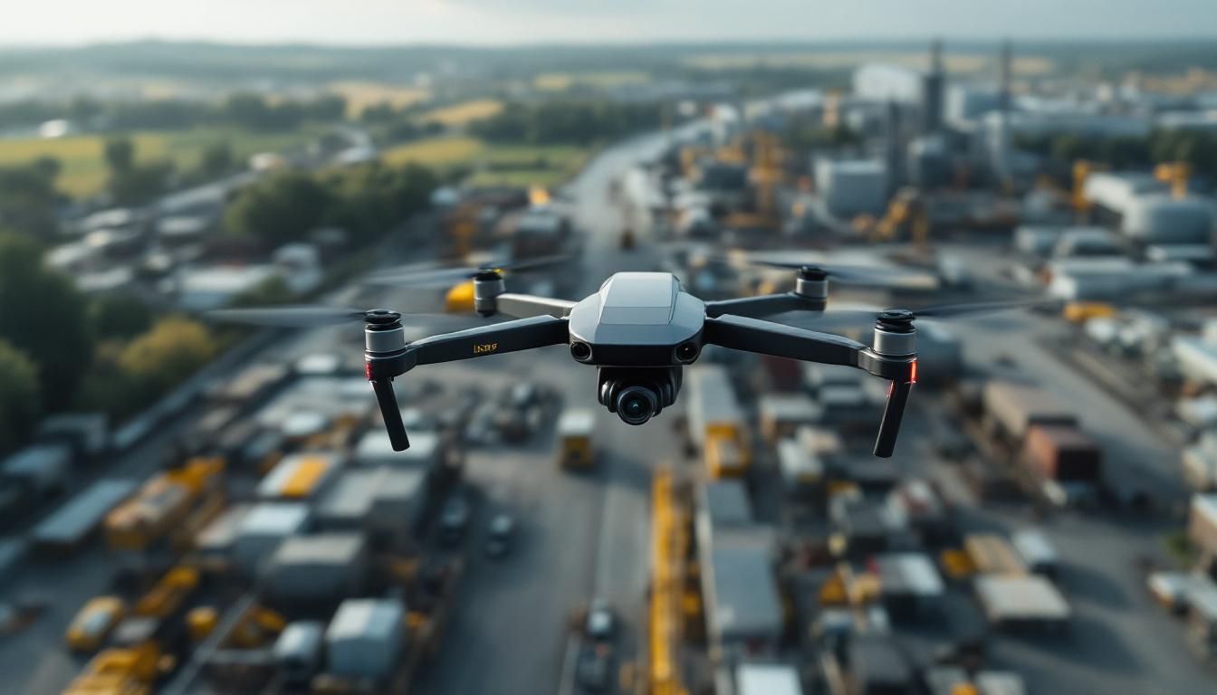 A photograph of a lidar drone in action over an industrial landscape