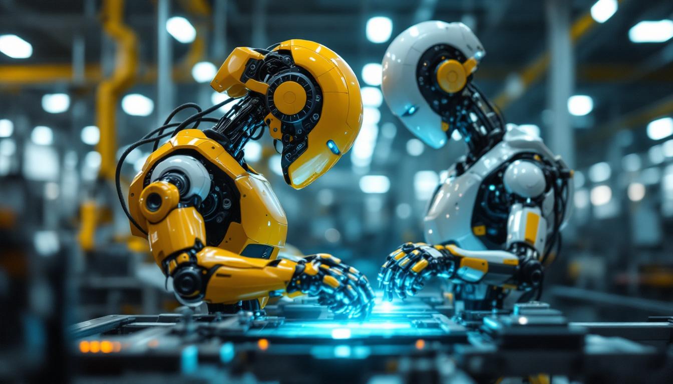 A photograph of a sleek industrial robot in action within a manufacturing setting