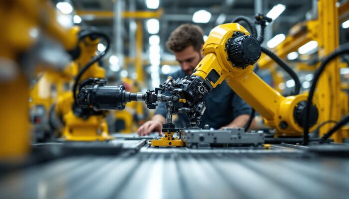 A photograph of a skilled technician working on an industrial robot in a modern manufacturing facility