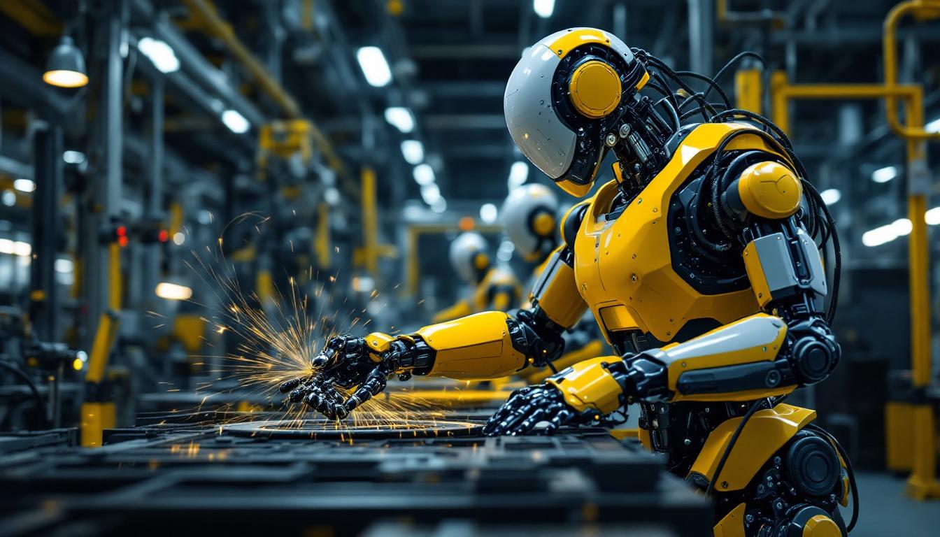 A photograph of a sleek industrial robot in action on a factory floor