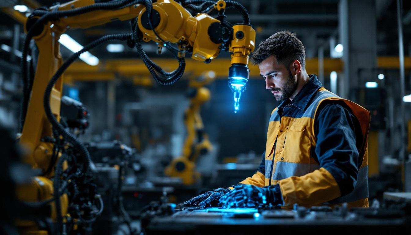 A photograph of a skilled technician interacting with an industrial robot in a modern manufacturing setting