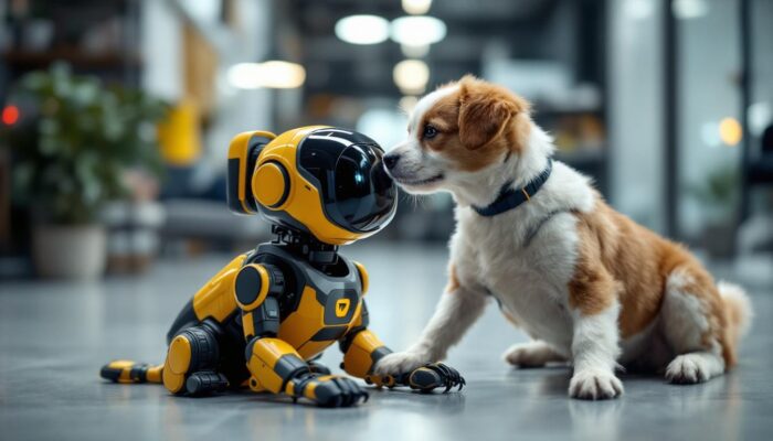 A photograph of a playful dog interacting with a sleek industrial robotic device in a modern environment