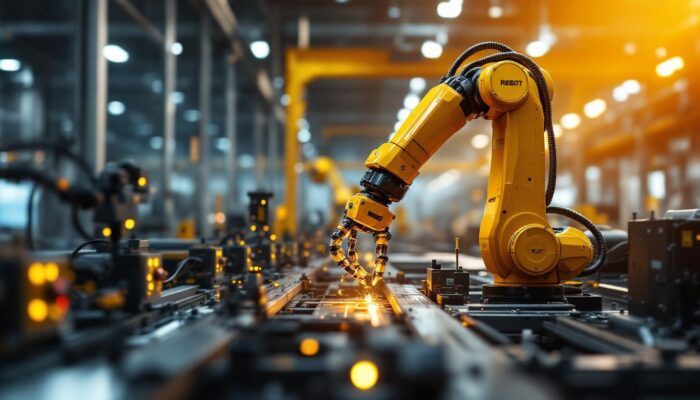 A photograph of a modern industrial setting showcasing a dynamic robotic arm in action
