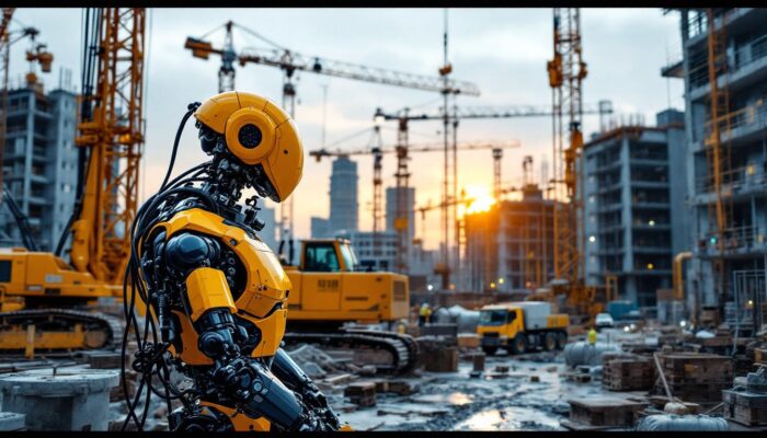 A photograph of a construction site featuring a variety of machinery in action